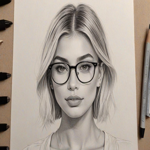Stunning Hailey Bieber, pencil sketch, portrait of Lovely woman 1975s in glasses, hair style beatnik, outline, clear lines, fine lines, 8k