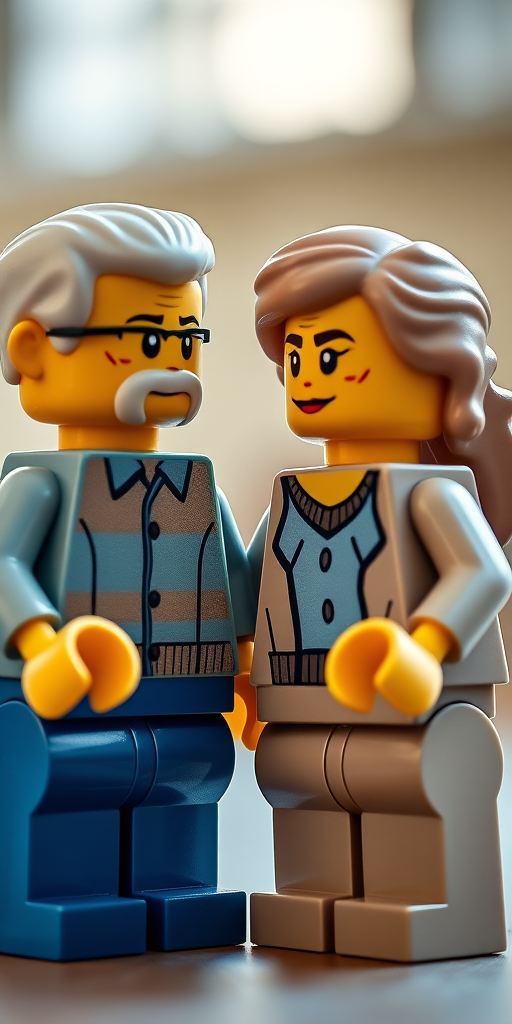 Generate an image of two Lego figurines, an elderly couple holding hands, captured in soft natural lighting with a 50mm lens, aperture set to f/2.8, ISO 200, at a low angle to emphasize their expressions, using a DSLR camera for high detail and color accuracy.