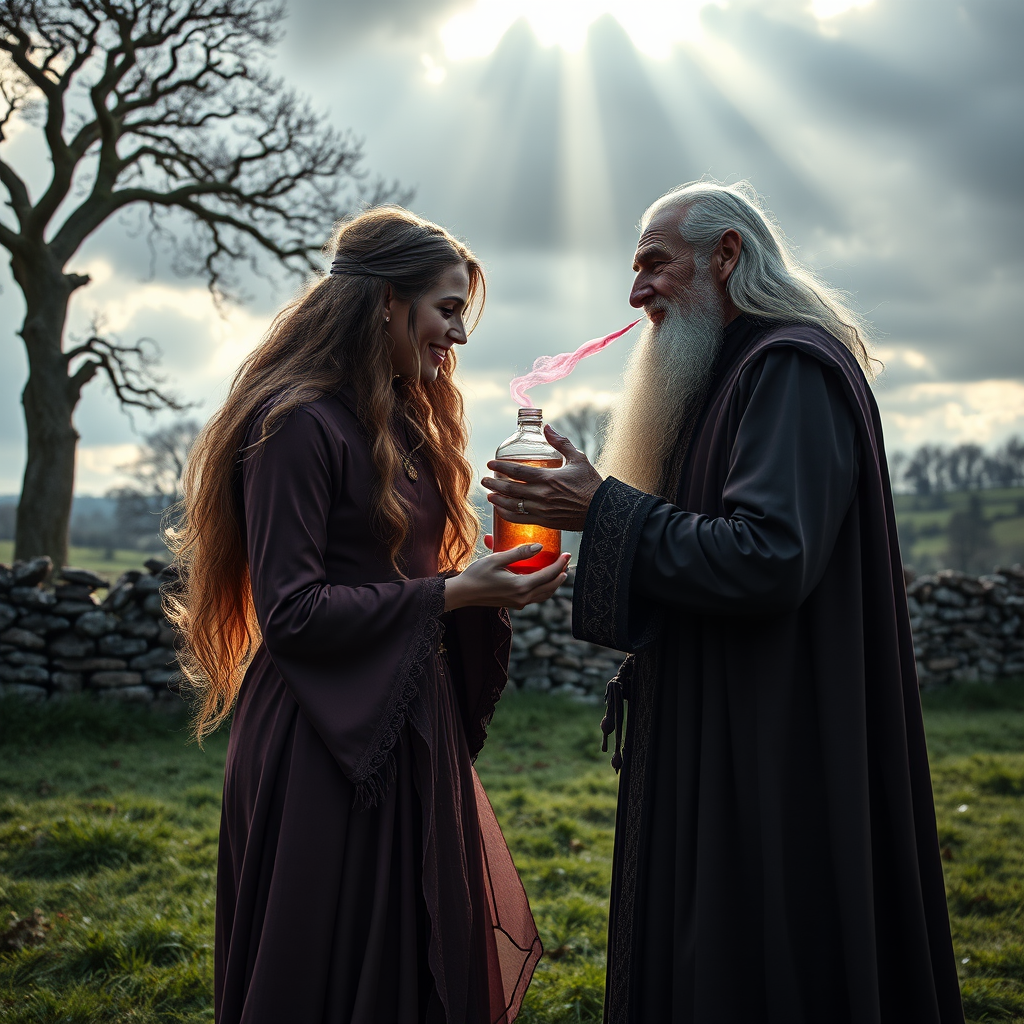 Create a super realistic photo portrait of the sorceress Nimue enthralling the old long haired and bearded magician Merlin with the scent of a magic perfume-potion. Merlin's senses are blurred and he has a happy smile on his face like that of a slightly drunken man. Nimue is standing opposite of Merlin facing him. She is holding out the potion with both hands towards Merlin's nose. A visual depiction of the pink scent soflty creeps into Merlin's nostrils. The picture is set in front of a typical British landscape with grass, a dry stone wall and old and big trees. Cloudy skies with sun-rays braking through giving the picture a soft and romantic tone. HDRI, 8k,V-Ray render