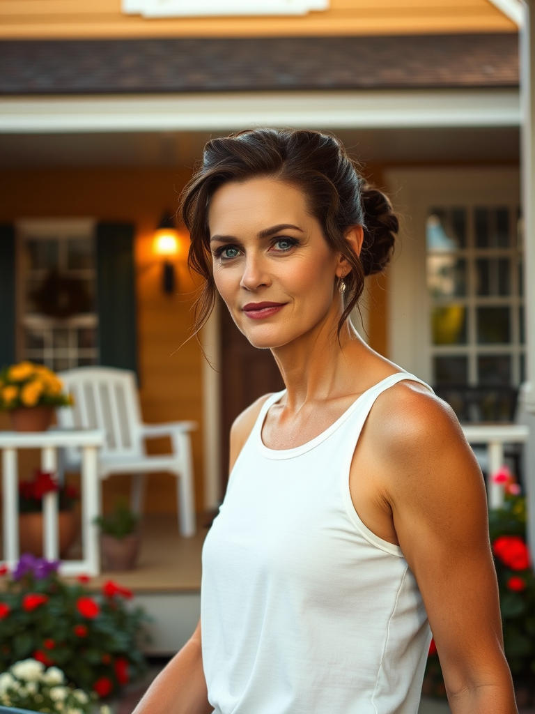 A photo of Nicole Kidman with a background of a cozy porch. She has dark hair pulled back in an updo, with tendrils framing her face. She wears a white tank top and sits on the porch. The porch is part of a well-lit home with a warm, earthy tone and colorful flowers and foliage. The overall scene has a warm, welcoming, and comfortable ambiance.