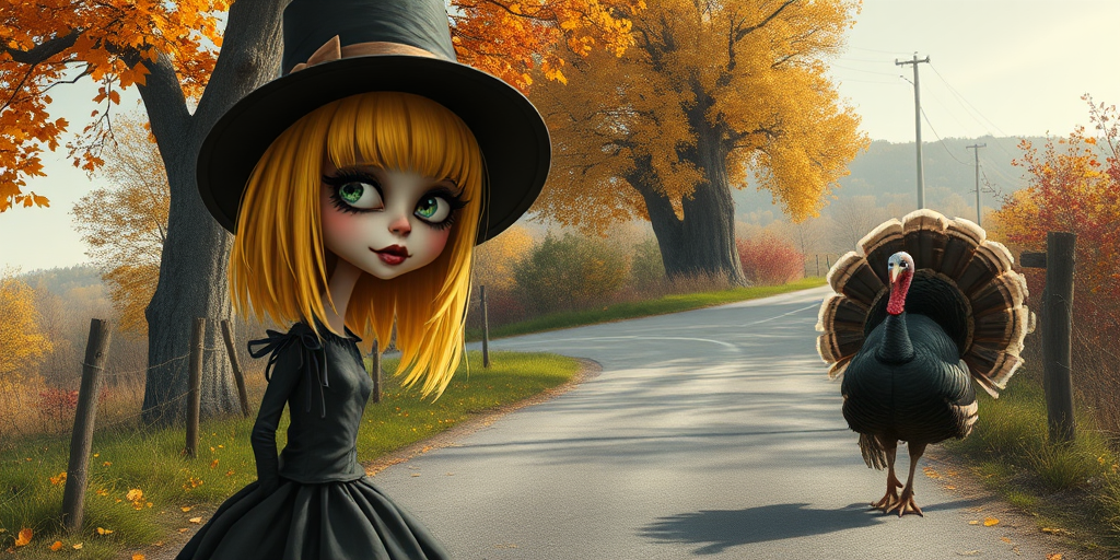 digital art fantasy depicting a strange girl with Yellow hair, long eyelashes, black lipstick and a tall hat walking along a winding road on an autumn afternoon, an Turkey smiles as she passes