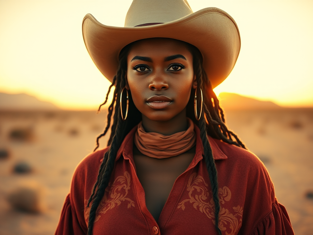 Dramatic photo of a beautiful Cape Verdean woman, classic cowboy attire, confident and free spirit expression, half-length portrait, centered, golden hour desert landscape, warm, diffused light, low angle, medium format film camera, in style of Annie Leibovitz.