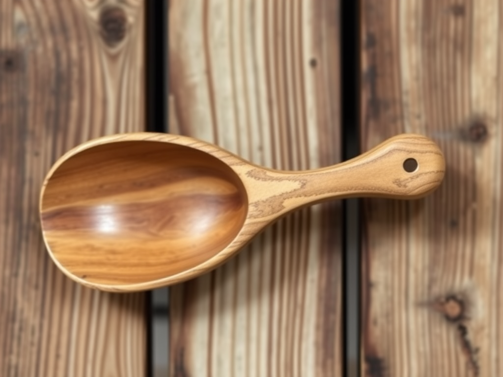Create a highly detailed image of a wooden scoop with a smooth finish and a slightly curved handle, capture from a top-down view using a DSLR camera with a 50mm lens at f/2.8, ISO 100, and shutter speed of 1/125s, ensuring a soft background blur for emphasis on the scoop's texture.