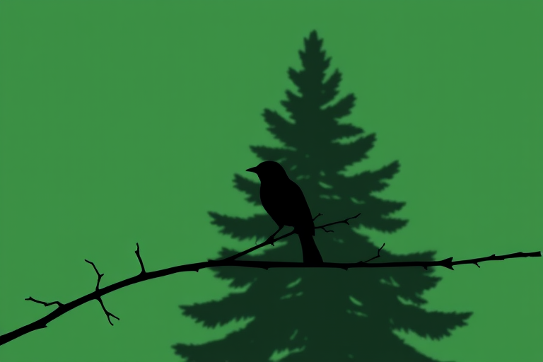 Create a minimalist stamp design featuring a silhouette of a bird perched on a branch with a large evergreen tree in the background, using a solid green background, high-resolution, taken with a DSLR camera at f/8 aperture, 1/200 sec shutter speed, ISO 100, in a vertical view.