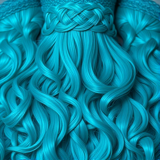 Vibrant teal mermaid waves cascading down to the waist, shimmering with iridescent highlights, creating a mesmerizing oceanic illusion with intricate braided details along the crown