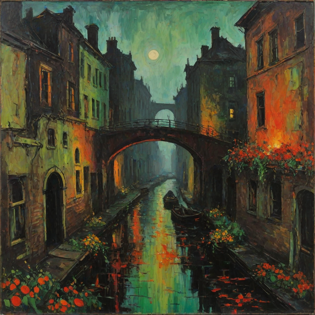 Misty Night, october. Half the frame is occupied by the wall of an old lonely towerhouse. Garlands of flowers hang from the windows. The rest of the frame is a view of the canal and bridge. Abstract expressionism, grunge impasto red orange, black, green intense oil colors on canvas. Jackson Pollock's, naive childish lines, microsplashes. Disturbing, depressive.