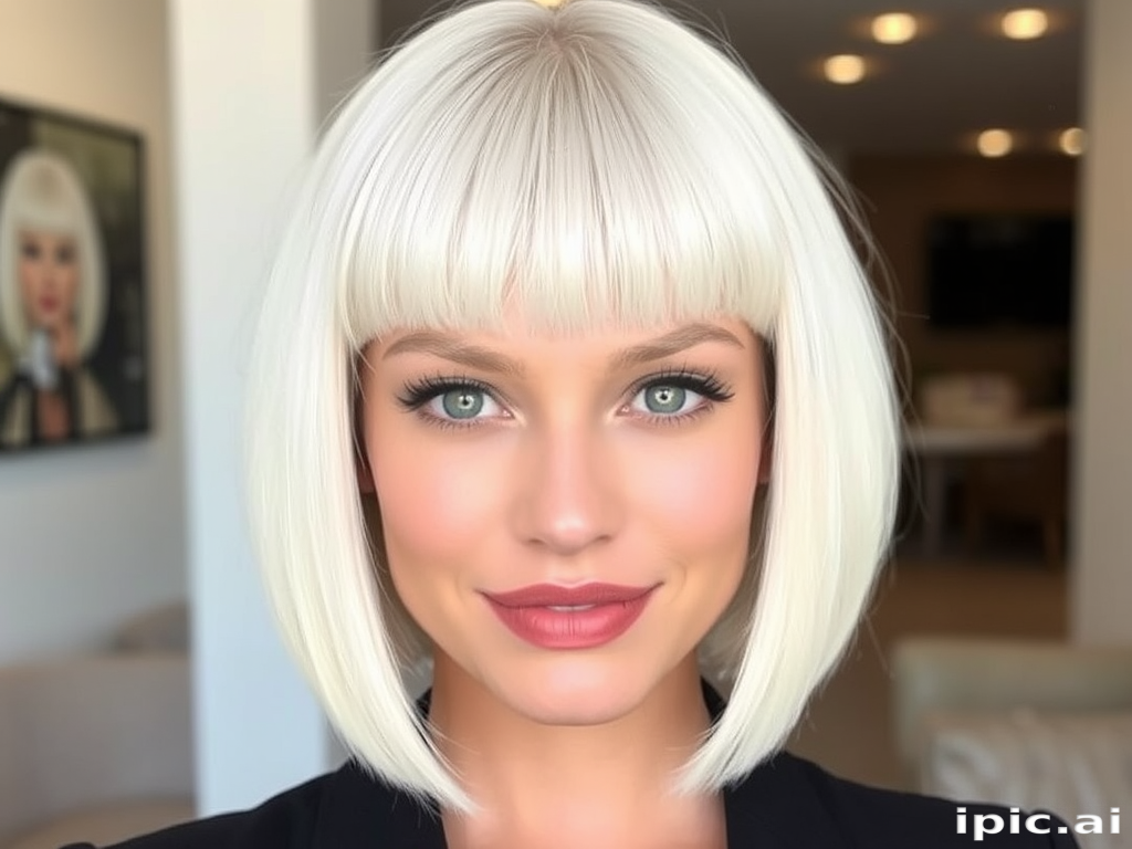 Stunning platinum blonde sporting a sleek, chin-length bob with blunt bangs, radiating modern chic and effortless confidence