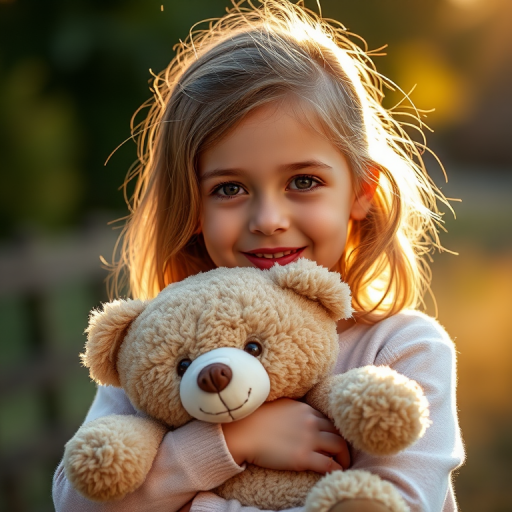 portrait of a young girl holding a teddy bear, soft natural light, blurred background, f/1.8 aperture, ISO 200, 50mm lens, golden hour lighting, DSLR camera, professional photography style