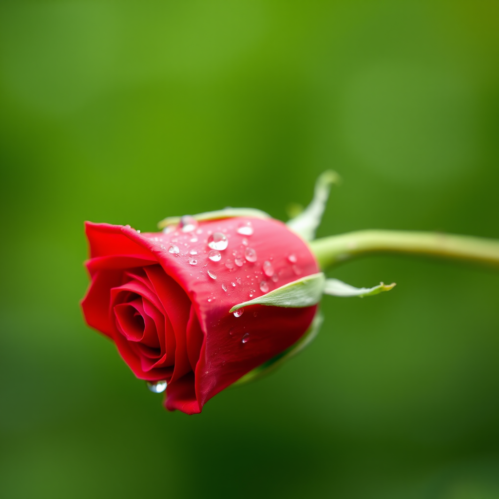 Capture a close-up of a single red rose on a green background, with dewdrops on the petals, using a shallow depth of field, 50mm lens, f/1.8 aperture, ISO 100, and natural soft lighting for enhanced image quality.