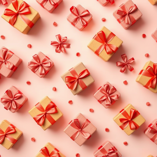 Create a seamless pattern of stylized gift boxes with ribbons in warm colors on a soft pastel background, captured with a 50mm lens at f/4, ISO 100, and a top-down view using a digital mirrorless camera to enhance image quality.