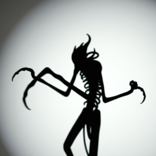 Create an abstract image featuring a shadowy creature with elongated limbs and exaggerated features, shot with a 50mm lens at f/1.8 for a shallow depth of field, using a DSLR camera with high contrast and vivid colors, capturing the creature in a dynamic pose against a light background.
