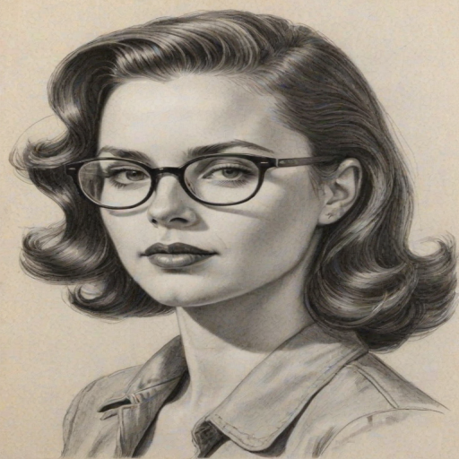 Graceful Tanya Chisholm, pencil sketch, portrait of Sublime woman 1946s in glasses, hair style beatnik, outline, clear lines, fine lines, 8k