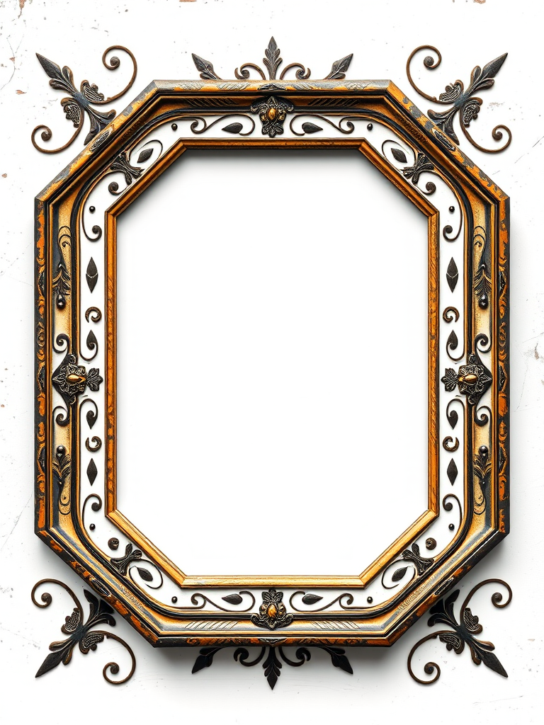 Create a high-resolution image of a vintage octagonal frame design with decorative swirls and geometric patterns, using a DSLR camera with a 50mm lens at f/1.8, 1/125s shutter speed, and ISO 100, shot from a straight-on view to maintain symmetry and clarity.