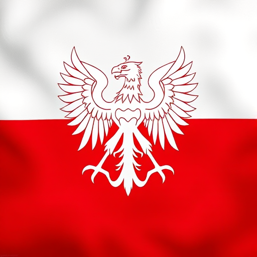Create an enhanced digital image of the Polish flag featuring a detailed, stylized white eagle with a gradient effect on a two-color background of white and red, using a Canon EOS 5D Mark IV camera, with an aperture setting of f/8, a shutter speed of 1/125s, and ISO 100, shot in a high dynamic range style for improved clarity and vibrancy.