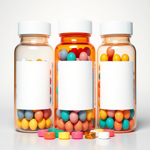 Create a high-resolution digital illustration of three glass prescription bottles filled with colorful round tablets, the labels blank, with a clean white background, using a 50mm lens, f/2.8 aperture, ISO 100, shot from a slightly elevated angle, in a bright and vibrant color palette, employing a soft focus style for a polished effect.