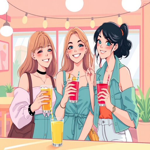 Generate an illustration of three young women with drinks, styled in a bright and cheerful environment, with one woman making a peace sign, using a Canon EOS R5, 50mm lens, f/2.8 aperture, natural lighting, and a vibrant color palette.