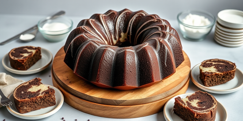 A beautifully presented chocolate marble bundt cake on a wooden serving board surrounded by slices on small plates with a light background and glass bowls of sugar and flour nearby.