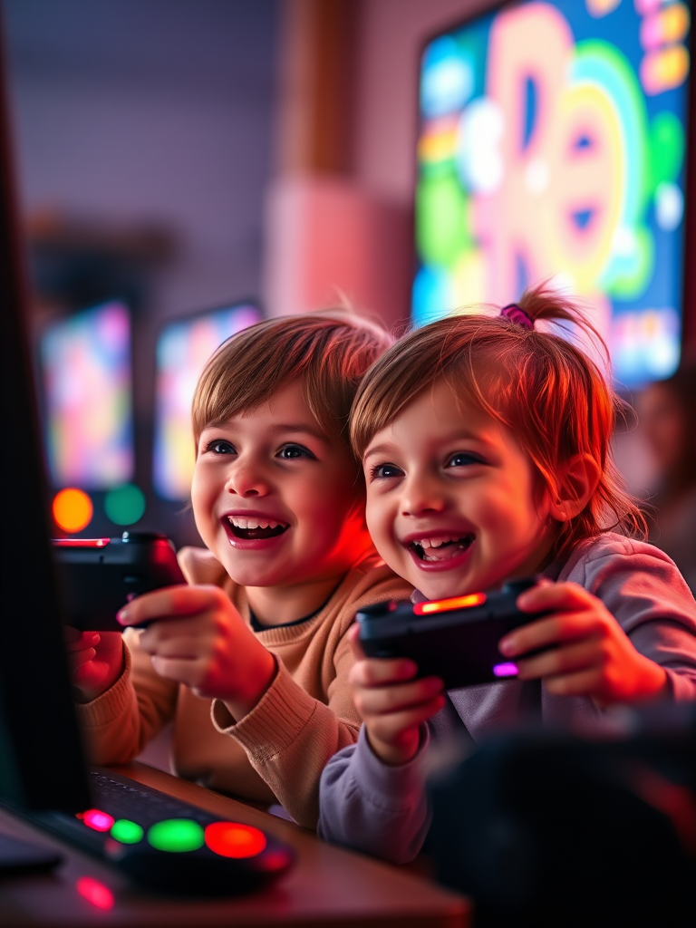 Two children joyfully playing video games together, illuminated by colorful screen lights, soft bokeh background, shallow depth of field, 50mm lens, f/1.8 aperture, ISO 400, 1/60 sec shutter speed, natural warm lighting.