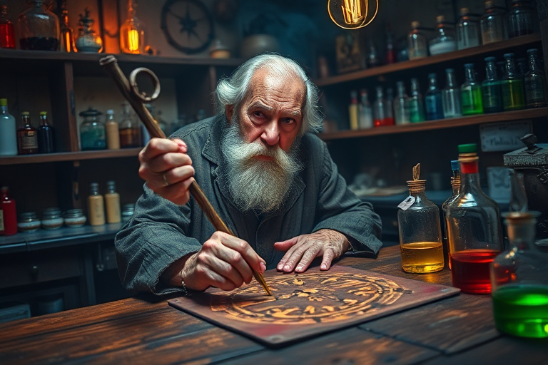 Create a scene of an elderly alchemist in a mystical laboratory filled with colorful potions, using a staff to draw symbols on a wooden table, with dramatic lighting and intricate details, captured with a DSLR camera at f/2.8 aperture, ISO 100, 50mm lens, shot from a slightly low angle to emphasize the alchemist's expressions and the vibrant colors of the potions.