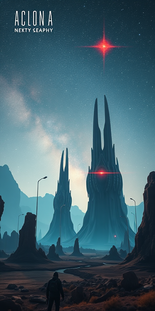 Create a futuristic landscape featuring towering alien structures under a starry sky with a red star, using a DSLR camera with a 24mm lens, f/8 aperture, ISO 100, 1/200s shutter speed, wide angle view, and high dynamic range photography style.