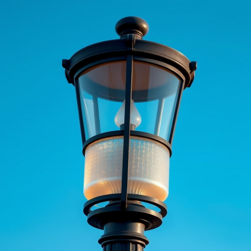 Create an illustration of a vintage street lamp glowing against a clear blue sky, with a focus on detailed reflections, using a DSLR camera with a 50mm lens, aperture f/2.8, ISO 100, shot from a low angle to emphasize height and texture.