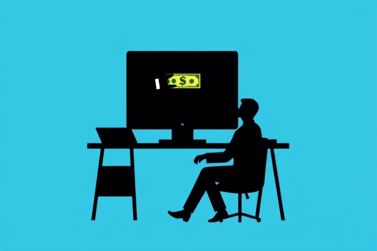 Create an illustration of a silhouette of a person at a desk receiving a dollar bill from a hand extending from a computer screen, with a simple blue background, using a Canon EOS 5D Mark IV, aperture f/4, ISO 100, 50mm lens, in a medium shot with a clean and minimalist style.