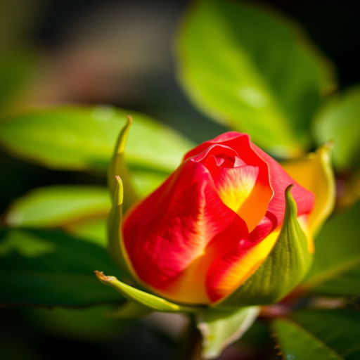 macro shot of a red and yellow rosebud surrounded by green leaves with a blurred background, aperture f/2.8, shutter speed 1/200s, ISO 100, 100mm lens, soft natural lighting, DSLR camera