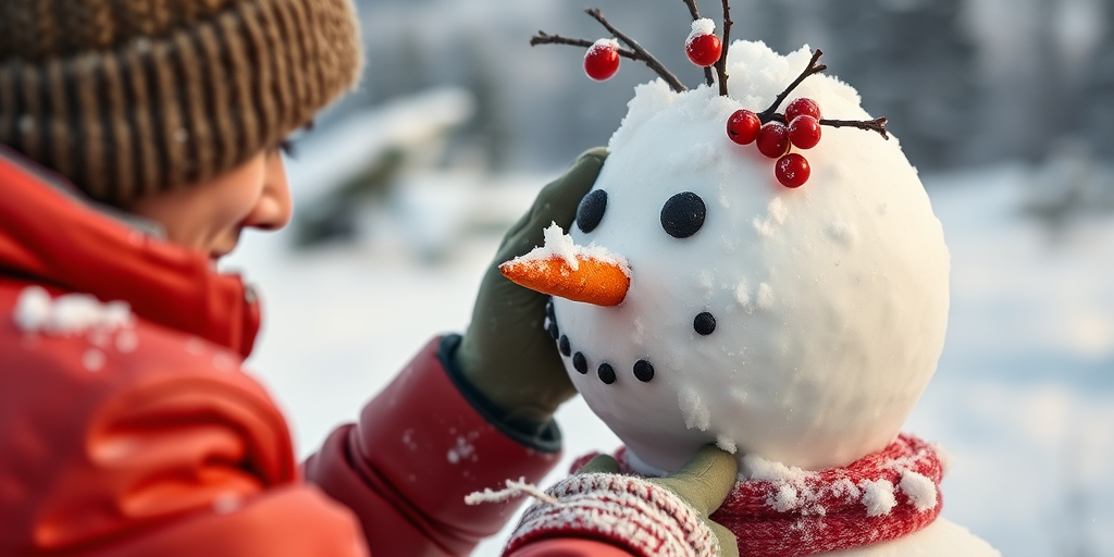 A person building a snowman in a snowy landscape, focusing on the detailed crafting of the snowman's face, with red berries as decoration, taken with a DSLR camera at f/2.8 aperture, 1/200 shutter speed, ISO 200, with a shallow depth of field for a blurred background.