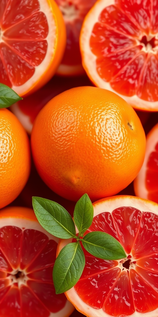 Create a high-resolution image of vibrant grapefruits, capturing their texture and color with a shallow depth of field; use a DSLR camera at f/2.8, ISO 100, and a focal length of 50mm, with a macro lens style and top-down view to enhance detail and richness.