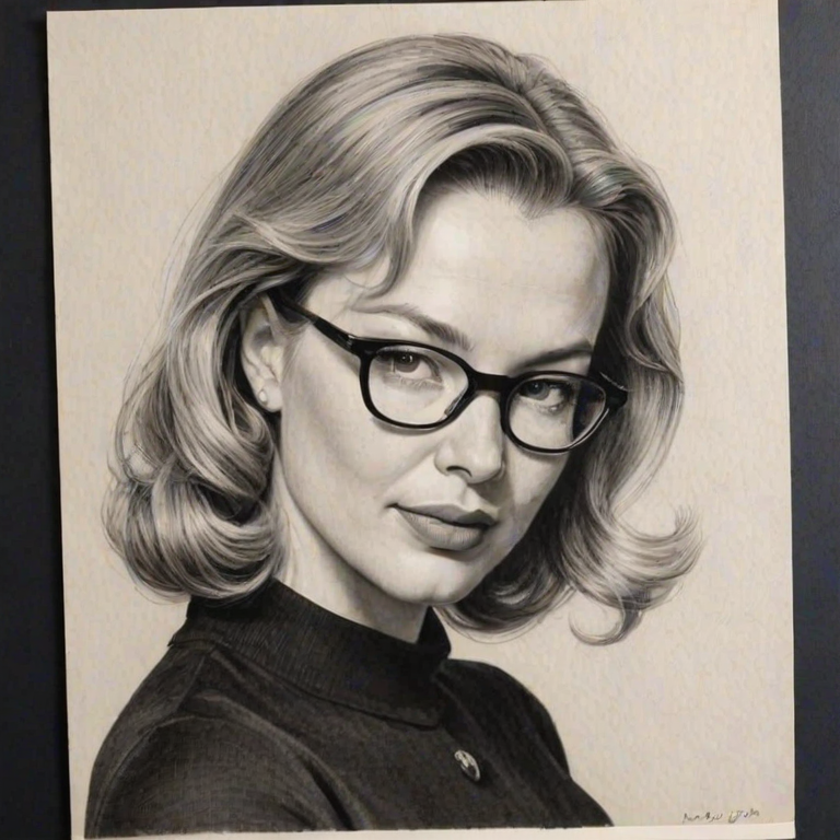 Superb Rene' Zellweger, pencil sketch, portrait of Bewitching woman 1956s in glasses, hair style beatnik, outline, clear lines, fine lines, 8k