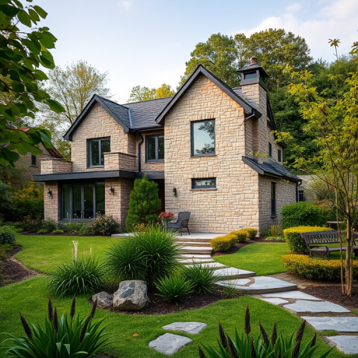Regenerate the image of a modern stone house surrounded by a garden with a wide-angle view, using a DSLR camera at f/8 aperture, 24mm focal length, ISO 100, with soft natural lighting for enhanced image quality.