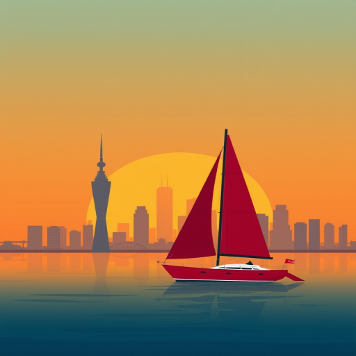 Create a minimalist digital illustration of a red sailboat in front of a stylized city skyline during sunset, with a vibrant orange sky, using a 50mm lens, f/8 aperture, ISO 100, in a high-resolution digital painting style.