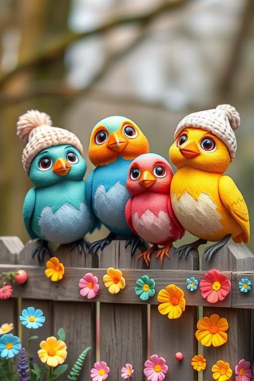 create a scene of 4 quirky  whimsical colourful comical birds each with a funny expression. they are sat on a wooden fence with colourful flowers. they are all different sizes. each one is a different colour  one is wearing a woolly hat. Each one has a different quirky google expression and there is a muted background of trees watercolour paintierly style high definition 8k resolution 3D paper mache