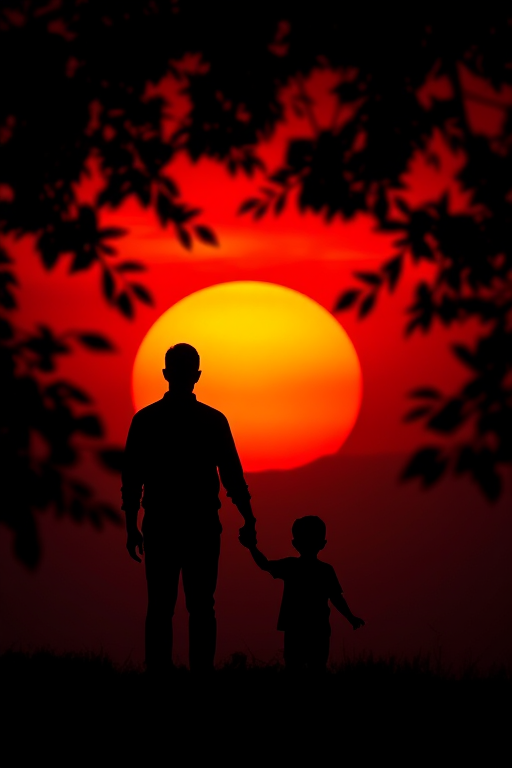 Create a silhouette of a child and an adult holding hands against a dramatic red sunset background, with dark tree branches framing the scene, using a DSLR camera, 50mm lens, f/2.8 aperture, 1/200s shutter speed, ISO 100, in landscape orientation.