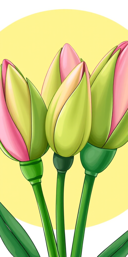 Create a high-resolution illustration of three flower buds with green and pink colors, set against a soft yellow circular background, using a digital drawing style; camera settings: ISO 100, aperture f/2.8, shutter speed 1/60s; camera type: digital camera; view: close-up, focusing on details and colors to enhance vibrancy.