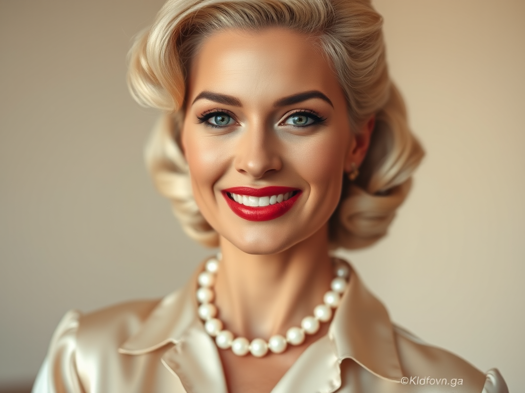 A beautiful Garifuna woman reminiscent of 1950s Hollywood glamour, with perfectly styled blonde hair and a seductive smile, dressed in a satin blouse and adorned with pearls, soft and warm tones, photorealistic, 8K
