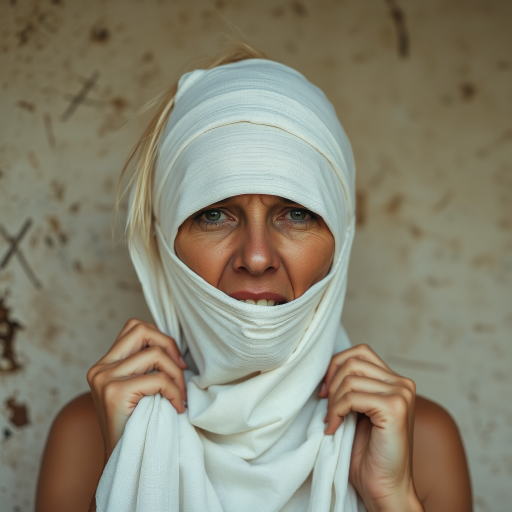 Create a close-up photographic image of a Aboriginal Australian woman with light skin tones shown against an old, worn wall. Their head is wrapped in a white cloth covering (i.e.... parts of the head except the nose and mouth, which are open as if they are screaming...), with a slight texture and visible folds in the fabric. Thin strands of blonde hair escape from the wrapping above, falling lightly at the top and sides. Their hands hold the fabric as if they are tugging nervously. The lighting is dramatic and even, casting strong shadows. The image has a minimalist and surreal style with an emphasis on simplicity with soft color tones. The composition is centered.