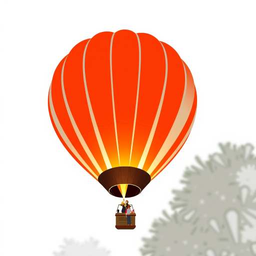 Create an illustration of a hot air balloon with bold orange and white stripes, captured from a low angle to emphasize its height, using a digital camera with a focal length of 35mm, aperture set to f/8 for depth of field, and a slight vignette effect to draw focus to the balloon.