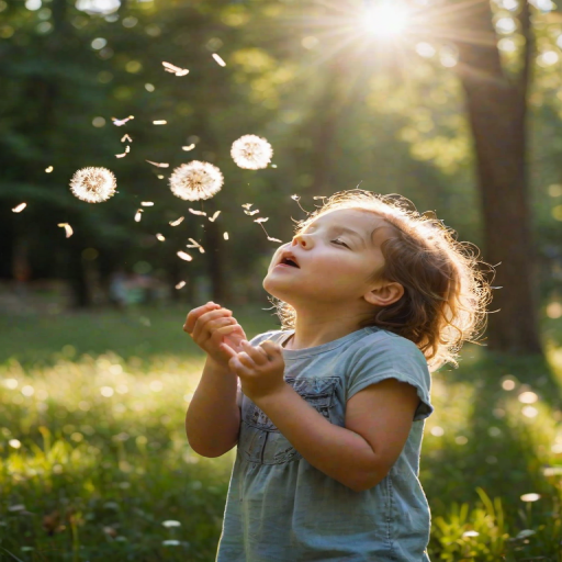 Blurry candid shot of a child blowing dandelion seeds into the air, sunlight filtering through trees, creating a magical atmosphere with floating seeds softly illuminated.