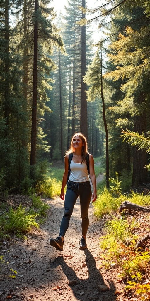 Scenic hiking trail through a dense forest, with sunlight streaming through the trees, a woman in comfortable hiking gear taking a moment to appreciate the beauty around her.
