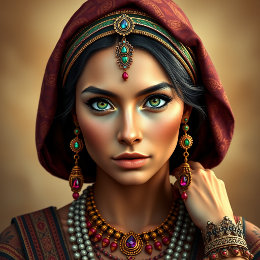 Create a portrait of a beautiful Aztec woman with striking green eyes and a gentle expression. She is adorned in traditional attire with intricate patterns, including a richly embroidered headscarf and matching garments. Her jewelry includes a delicate headpiece, dangling earrings, and ornate bracelets, all featuring vibrant gemstones and detailed metalwork. The background is soft and warm, enhancing the rich colors of her outfit and jewelry.