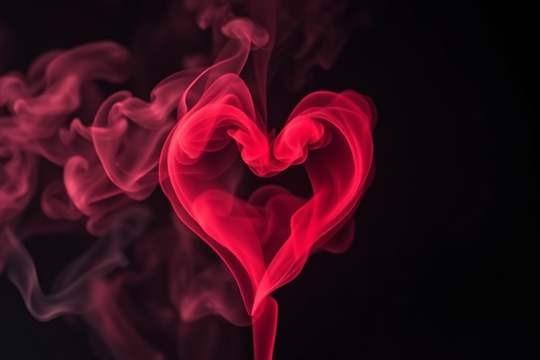 A vivid heart shape made of red smoke and wisps of fog on a dark background, captured with a DSLR camera at f/1.8 aperture, ISO 100, 1/60 shutter speed, using a macro lens to enhance details and a soft focus effect for a dreamy ambiance.