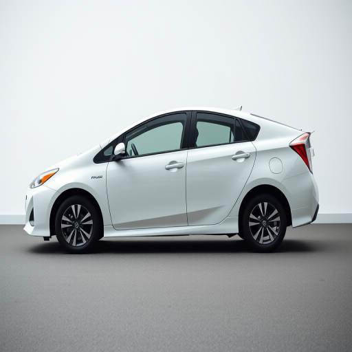 Generate an image of a white car similar to a Prius in a side view with a clean, minimalist design, using a DSLR camera with an aperture of f/2.8, shutter speed of 1/250s, ISO 100, and a wide-angle lens, in natural lighting conditions for enhanced detail and clarity.