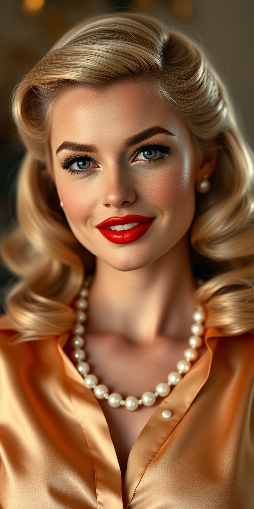 A beautiful woman reminiscent of 1950s Hollywood glamour, with perfectly styled blonde hair and a seductive smile, dressed in a satin blouse and adorned with pearls, soft and warm tones, photorealistic, 8K