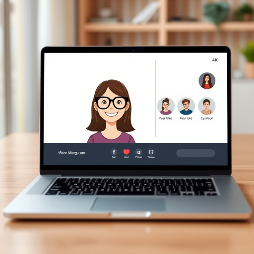 Create a digital illustration of a laptop screen displaying a video call interface with a friendly female character wearing glasses in the center and three smaller profile pictures on the right, using 4K resolution, with a camera angle of 45 degrees, a depth of field effect, and a vector graphic style.