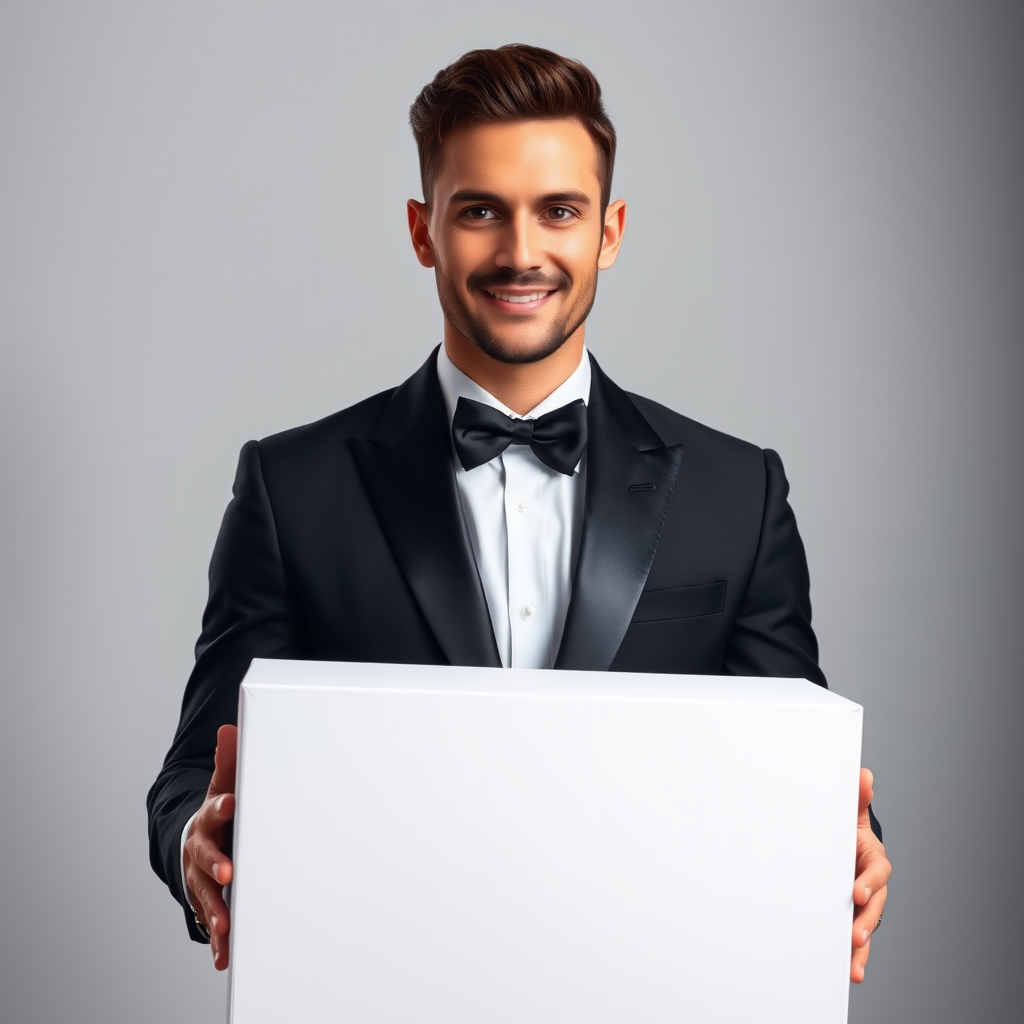 Portrait of a man in a tuxedo holding a blank white box, soft studio lighting, 85mm lens, f/1.8, ISO 100, shallow depth of field, high-resolution, neutral background.