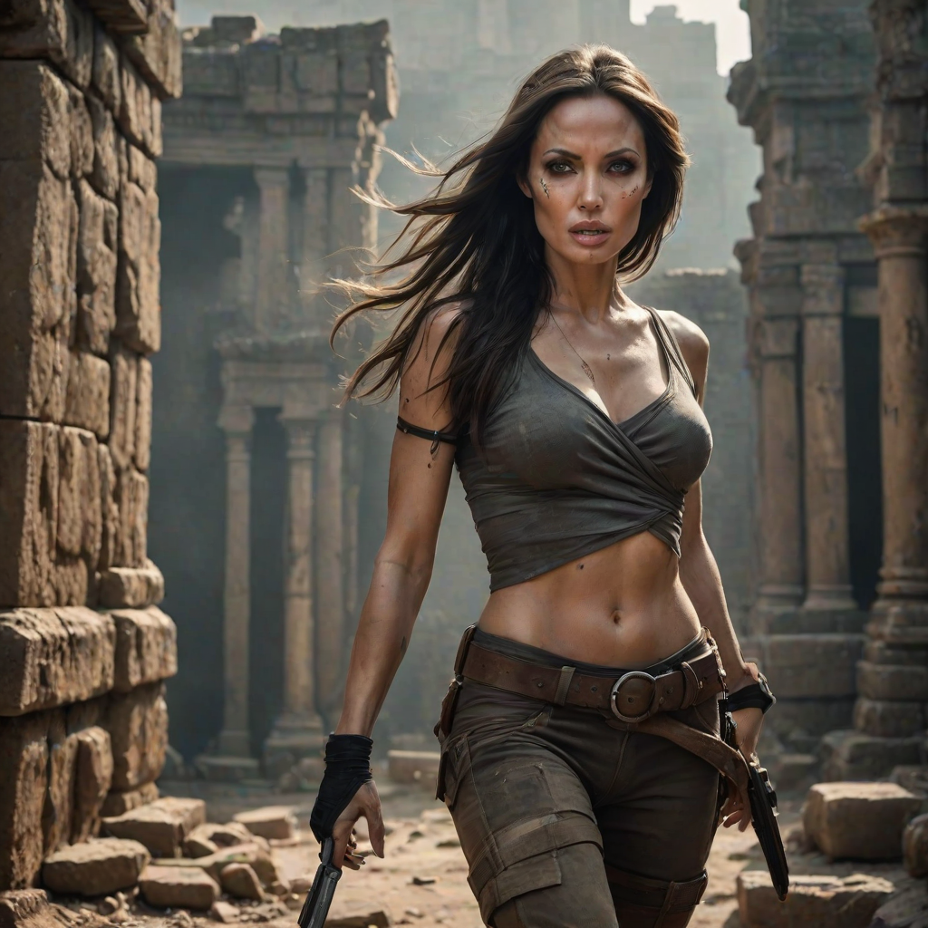 Fierce "Angelina Jolie" action pose, long dark hair in motion, determined expression, Tomb Raider inspired outfit, ancient ruins background, dramatic backlighting, smokey eye makeup, athletic physique