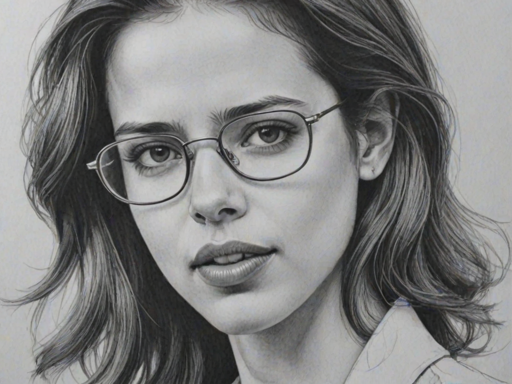 Gorgeous Kalki Koechlin, pencil sketch, portrait of Wonderful woman 1975s in glasses, hair style beatnik, outline, clear lines, fine lines, 8k
