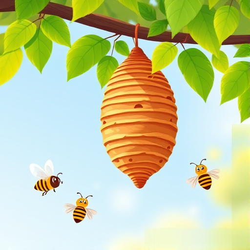 create a vector illustration of a beehive hanging from a tree branch with vibrant green leaves and three cartoon bees buzzing around, high-resolution, 300 DPI, 24mm lens, f/8 aperture, soft natural lighting, digital art style