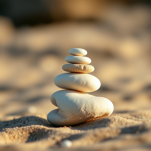 stack of smooth white stones balanced on a sandy surface, shot with a DSLR camera at f/8 aperture, 1/60s shutter speed, ISO 100, macro lens, shallow depth of field, soft natural lighting, high dynamic range, focusing on texture and details of stones against a blurred background